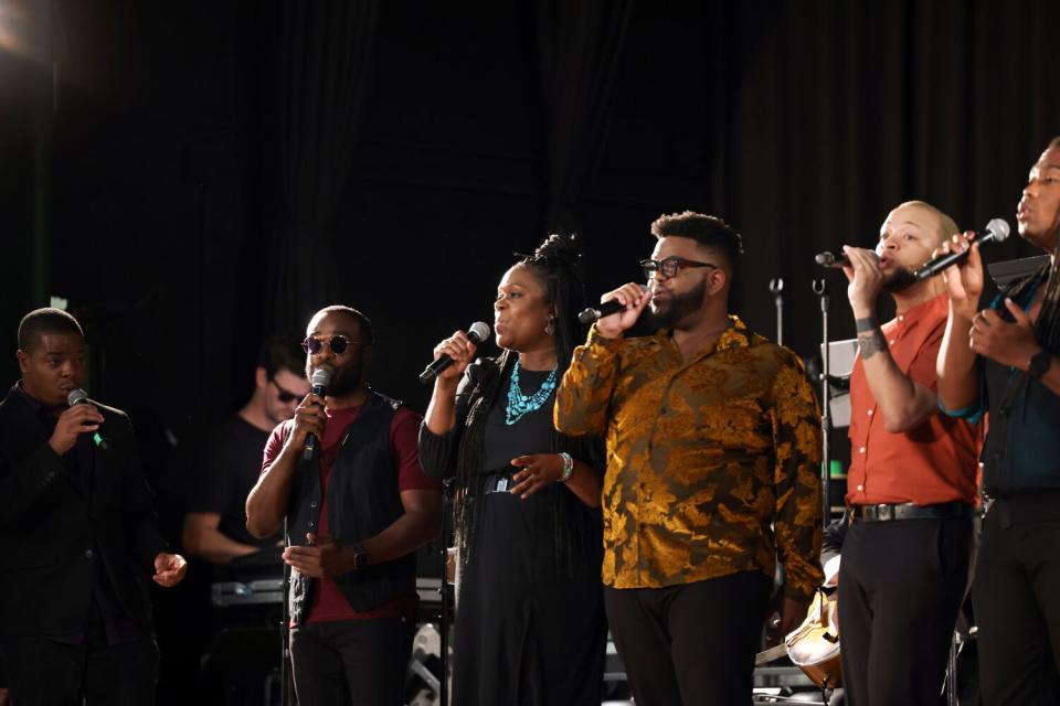 The DC 6 Singers Collective sing during a performance with the Pasadena nonprofit MUSE/IQUE