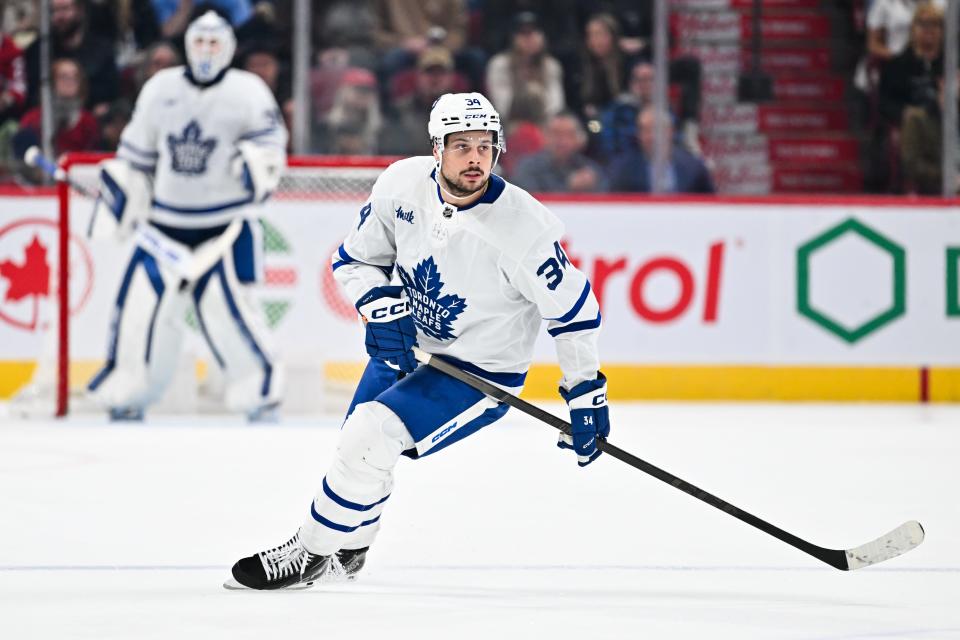 MONTREAL, CANADA - APRIL 06: Auston Matthews #34 of the Toronto Maple Leafs skates during the third period against the Montreal Canadiens at the Bell Centre on April 6, 2024 in Montreal, Quebec, Canada. The Toronto Maple Leafs defeated the Montreal Canadiens 4-2. (Photo by Minas Panagiotakis/Getty Images)