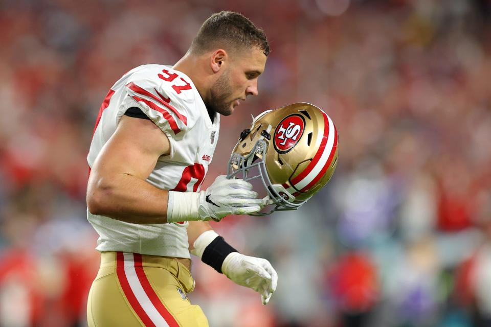 MIAMI, FLORIDA - FEBRUARY 02: Nick Bosa #97 of the San Francisco 49ers looks on against the Kansas City Chiefs in Super Bowl LIV at Hard Rock Stadium on February 02, 2020 in Miami, Florida. (Photo by Kevin C. Cox/Getty Images)