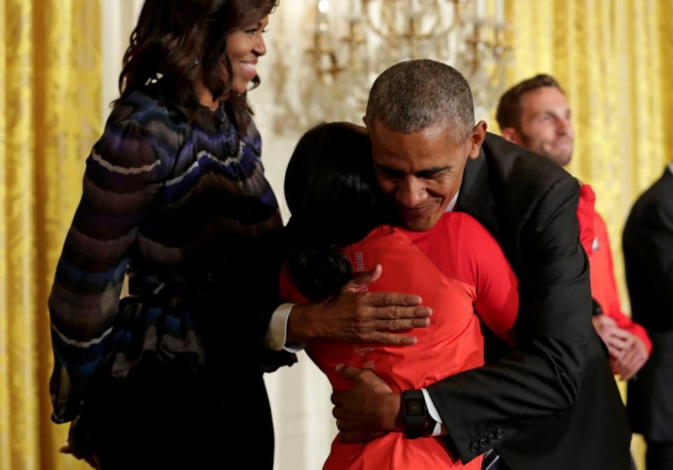 <p>U.S. President Barack Obama hugs 2016 Olympic individual all-around gymnast Simone Arianne Biles as he welcomes U.S. Olympic and Paralympics teams at the White House in Washington, U.S., September 29, 2016. REUTERS/Yuri Gripas</p>