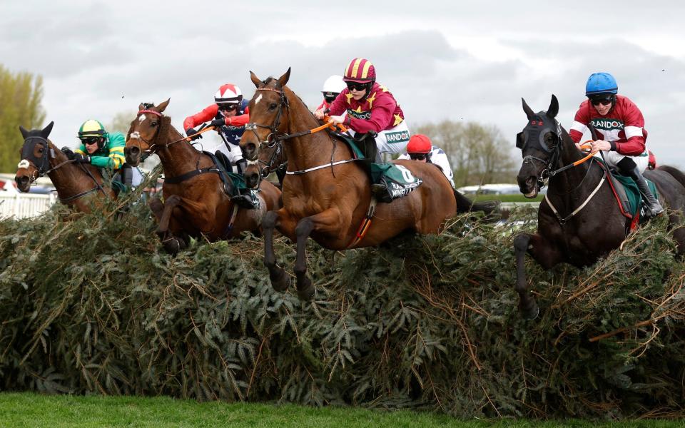 Runners and riders jumping the last fence in the Grand National