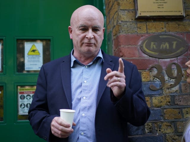 Mick Lynch, general-secretary of the Rail, Maritime and Transport union giving a statement on the national rail dispute on Monday afternoon (Yui Mok/PA)