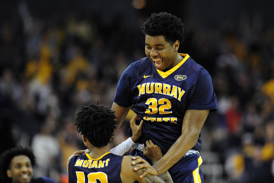 EVANSVILLE, IN - MARCH 09: Murray State Racers Forward Darnell Cowart (32) celebrates with Murray State Racers Guard Ja Morant (12) as time expires on the Ohio Valley Conference (OVC) Championship college basketball game between the Murray State Racers and the Belmont Bruins on March 9, 2019, at the Ford Center in Evansville, Indiana. (Photo by Michael Allio/Icon Sportswire via Getty Images)