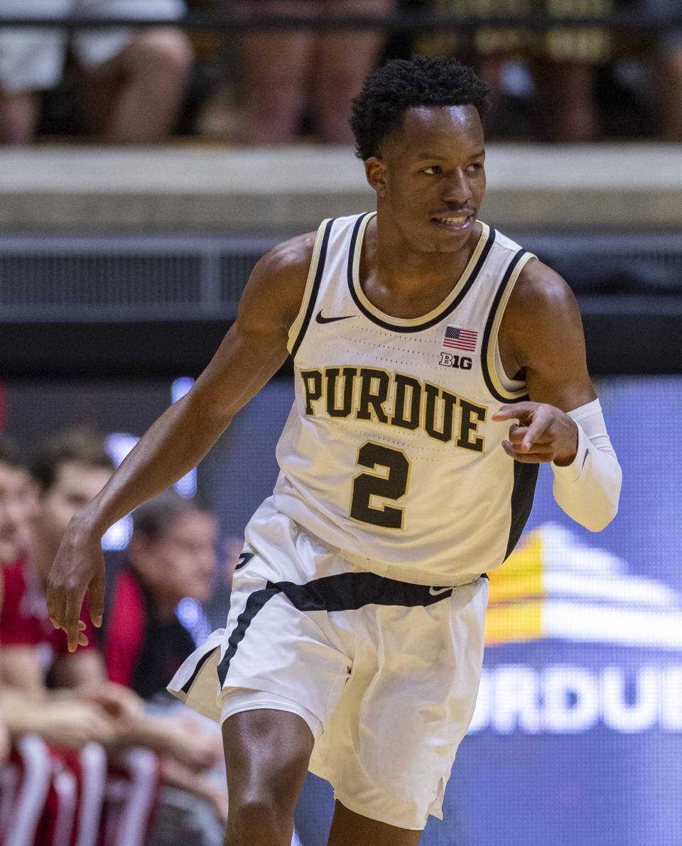 Purdue guard Eric Hunter Jr. (2) reacts after scoring during the first half of an NCAA college basketball game against Indiana, Saturday, March 5, 2022, in West Lafayette, Ind. (AP Photo/Doug McSchooler)
