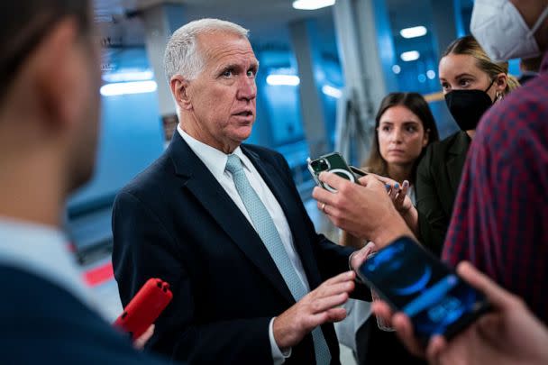 PHOTO: Sen. Thom Tillis speaks with members of the media following a vote in the basement of the US Capitol, in Washington, D.C., July 19, 2022. (Al Drago/Bloomberg via Getty Images)