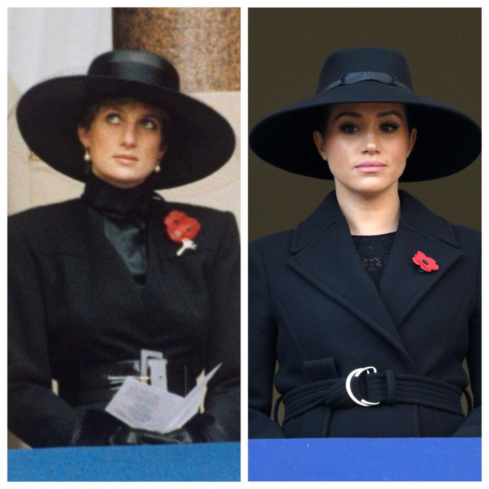 Princess Diana at the Remembrance Sunday Service in 1991, left, and Duchess Meghan, right, at the Remembrance Sunday Service on Nov. 10, 2019.