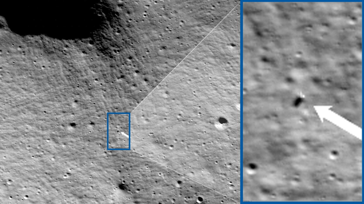  A grey image of the surface of the moon from high above. A blue rectangle is magnified on the right. 