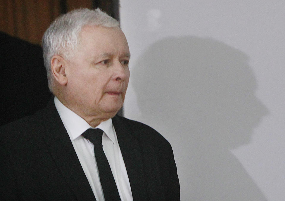 FILE- In this photo taken April 12, 2017 in Warsaw, Poland, is seen Poland's ruling party leader Jaroslaw Kaczynski before a news conference. Kaczynski, whose public image is of restraint and honesty, is at the center of a scandal involving him negotiating a multi-million euro construction project, even though the law bans political parties from doing business.(AP Photo/Czarek Sokolowski)