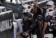 Arizona Cardinals cornerback Patrick Peterson looks into a television camera after making an interception against the Seattle Seahawks during the second half of an NFL football game, Sunday, Oct. 25, 2020, in Glendale, Ariz. (AP Photo/Ross D. Franklin)