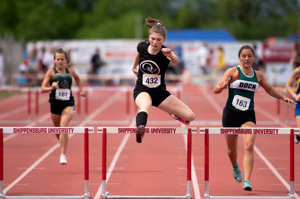 Quaker Valley's Nora Johns leads the girls 2A 300-meter hurdles prelims with 45.54 at PIAA Track and Field Championship at Shippensburg University on Friday, May 27, 2022.