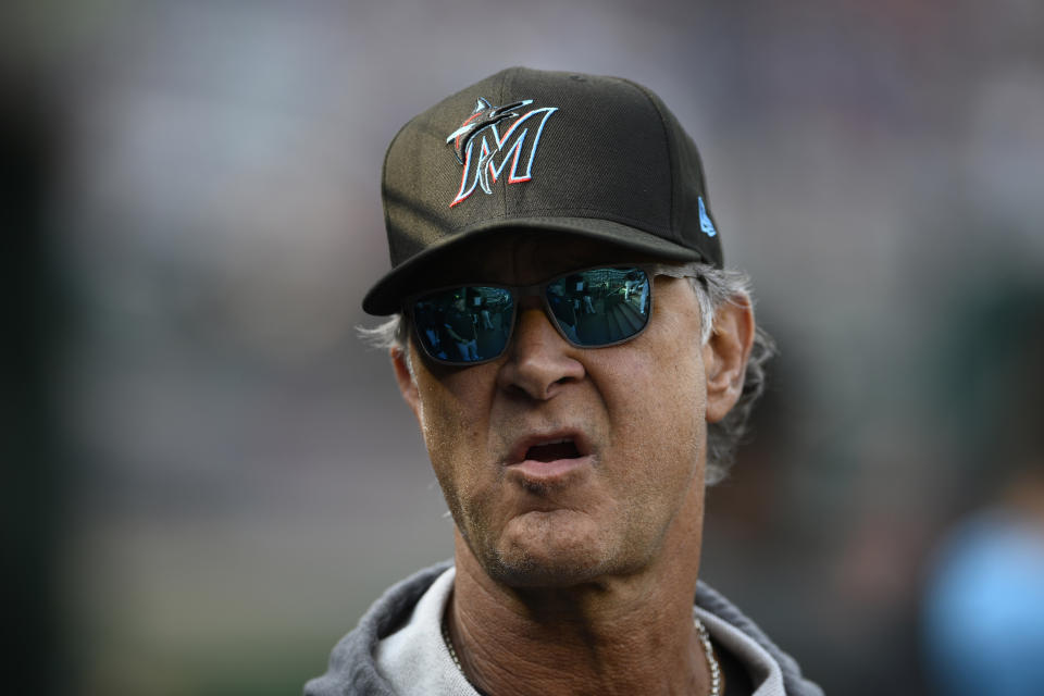 FILE - Miami Marlins manager Don Mattingly looks on before a baseball game against the Washington Nationals, Sept. 17, 2022, in Washington. Mattingly will not be back as manager of the Marlins next season, a person with knowledge of the matter said. Mattingly’s contract expires when the season ends and he and the team have agreed that a mutual parting is best for both sides, according to the person, who spoke Sunday, Sept. 25, 2022 to The Associated Press on condition of anonymity because there had been no public announcement. (AP Photo/Nick Wass)