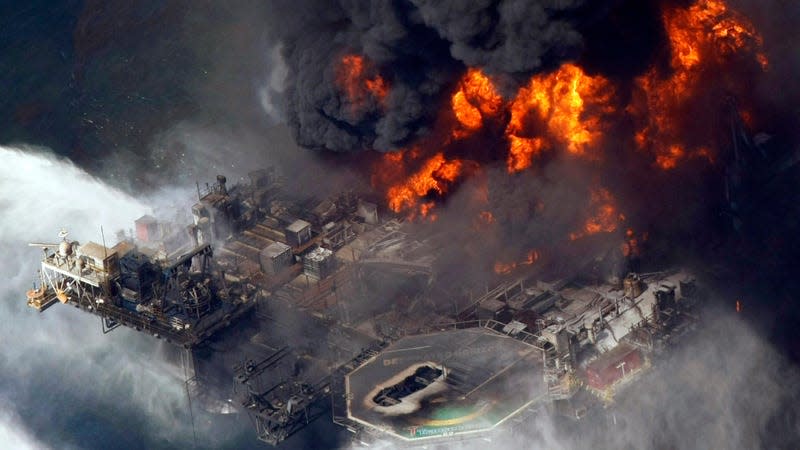 The Deepwater Horizon platform burns on April 21, 2010.