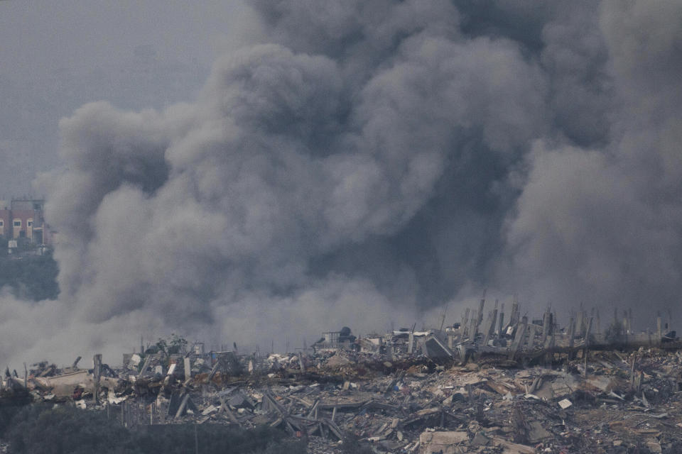 Smoke rises following an Israeli bombardment in the Gaza Strip, as seen from southern Israel, Thursday, Dec. 7, 2023. In recent days, Israeli tanks have rumbled into southern Gaza, starting with Khan Younis. It marks a grim new chapter in the war that the Gaza Health Ministry says has already killed over 17,000 Palestinians and the U.N. estimates has displaced 1.9 million people. (AP Photo/Leo Correa)