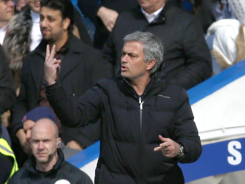 Chelsea manager Mourinho gestures during their English Premier League soccer match against Arsenal at Stamford Bridge in London
