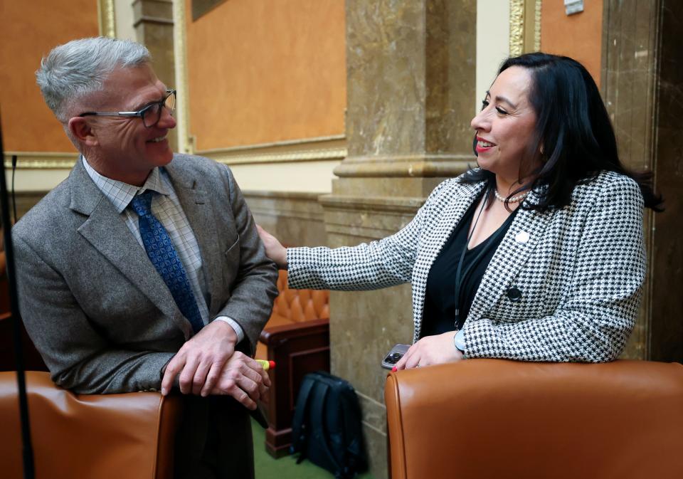 Rep. Calvin Musselman, R-West Haven, talks with House Minority Leader Angela Romero, D-Salt Lake City, on the first day of Utah’s 2024 legislative session in the House chamber at the Capitol in Salt Lake City on Tuesday, Jan. 16, 2024. | Kristin Murphy, Deseret News
