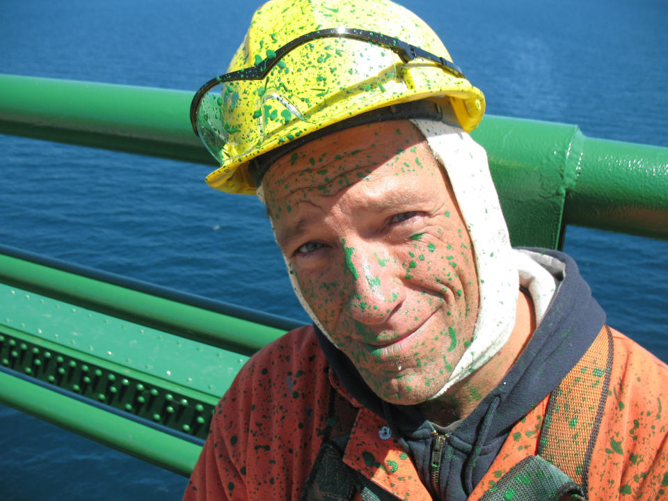 Mike Rowe covered in paint from a gig as a bridge painter in Dirty Jobs
