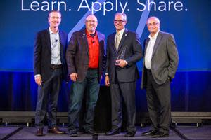 Honouring our 2021 Safety Standdown Award winner: (from left): Bombardier's new leader of the Safety Standown team, Chris Milligan;  Ed Coleman, Manager, Aviation, Midwest Transplant Network; Safety Standdown Award winner Nick W. Verdea; and Bombardier's outgoing leader of the program, Andy Nureddin