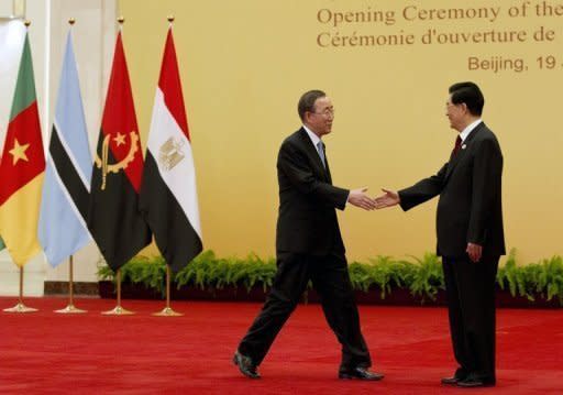 Chinese President Hu Jintao (R) shakes hands with UN Secretary General Ban Ki-moon before a group photo session for the 5th Ministerial Conference of the China-Africa Forum co-operation at the Great Hall of the People in Beijing, on July 19. Hu said China would offer $20 billion in new loans to Africa, as he delivered a speech to a Beijing forum on co-operation with the resource-rich continent