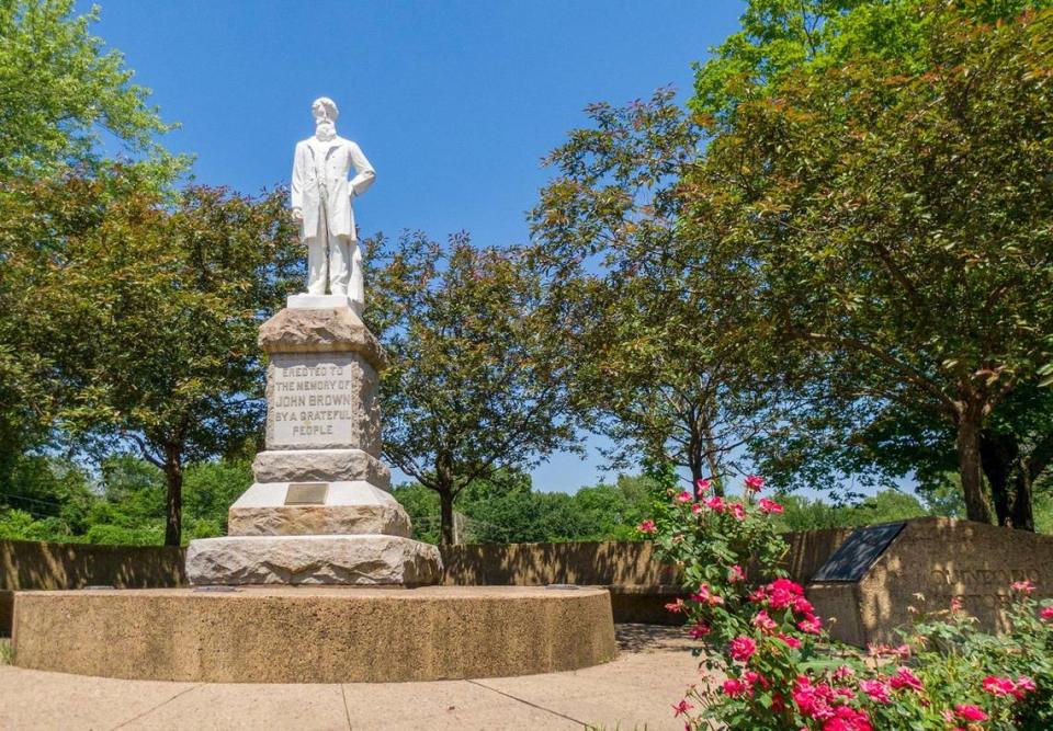 A statue of Kansas abolitionist John Brown stands at northwest corner of N. 27th Street and Sewell Avenue in the Quindaro area on what was the campus of Western University, the first historically-Black college west of the Mississippi River.