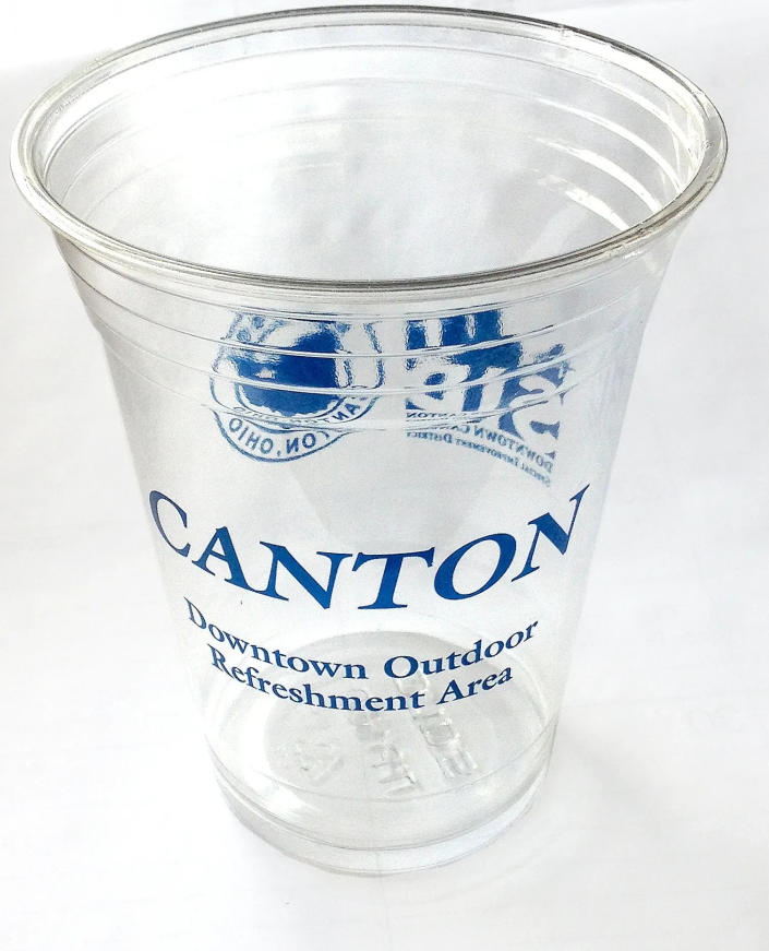 The designated cup for the Canton Downtown Outdoor Refreshment Area. Canton has a second designated outdoor refreshment area, or DORA, at the Hall of Fame Village. (Photo first published in June 2016.)