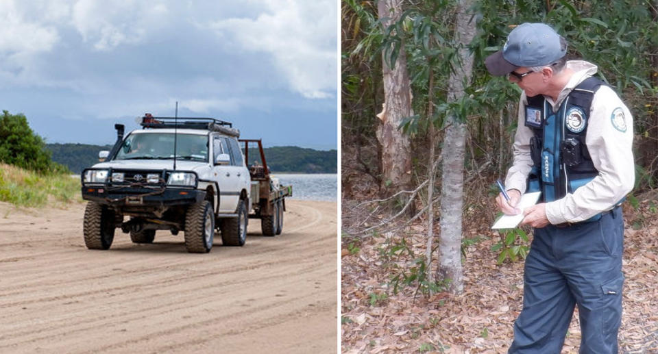 Left, a 4WD on a Queensland beach. Right, a QPWS ranger giving a fine. 