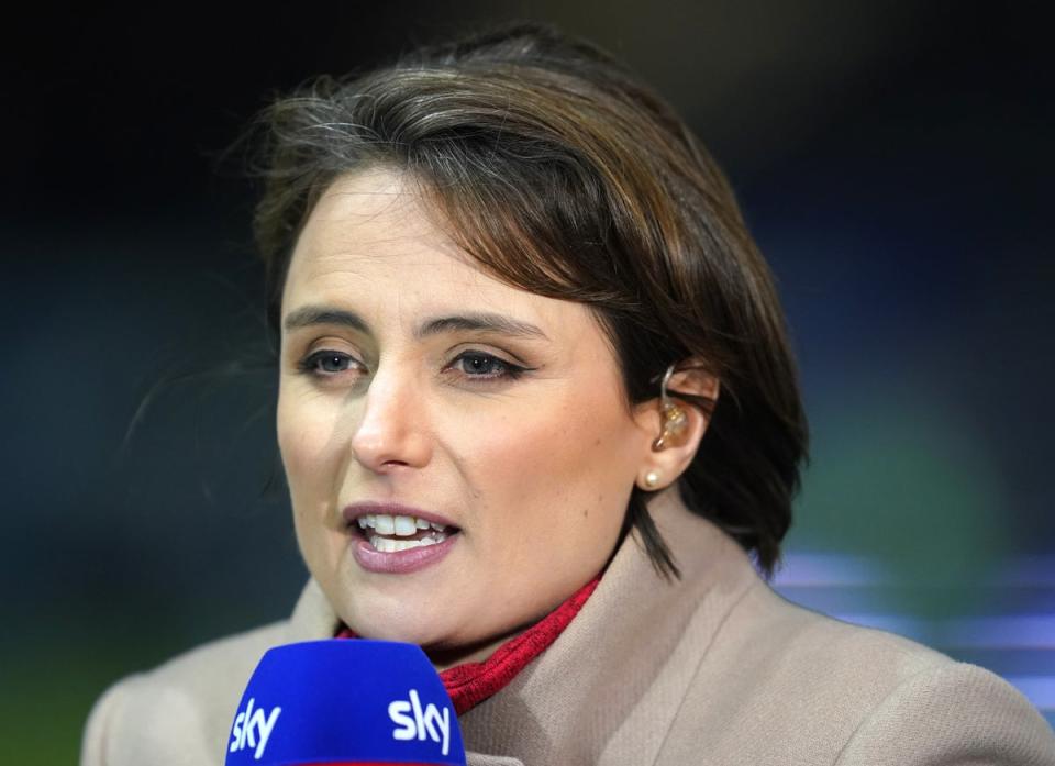 Presenter Michelle Owen during the Sky Bet League One play-off, semi-final, first leg match at the Weston Homes Stadium, Peterborough. (PA)