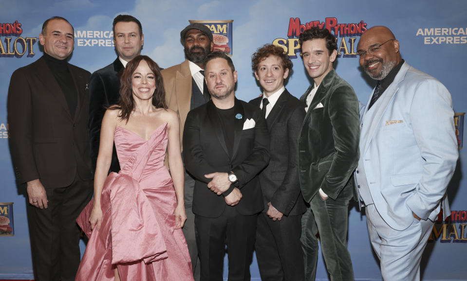 Jimmy Smagula, Taran Killam, Leslie Rodriguez Kritzer, Nik Walker, Christopher Fitzgerald, Ethan Slater, Michael Urie and James Monroe Iglehart, from left, attend the "Spamalot" Broadway opening night at St. James Theater on Thursday, Nov. 16, 2023, in New York. (Photo by CJ Rivera/Invision/AP)