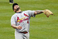 St. Louis Cardinals relief pitcher Yadier Molina reacts to giving up a two-run home run to Pittsburgh Pirates' Jack Suwinski during the ninth inning of a baseball game in Pittsburgh, Sunday, May 22, 2022. The Cardinals won 18-4. (AP Photo/Gene J. Puskar)