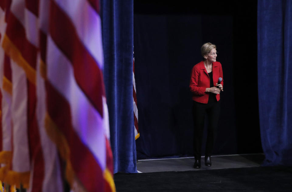 Democratic presidential candidate Sen. Elizabeth Warren, D-Mass., walks on stage at a gun safety forum Wednesday, Oct. 2, 2019, in Las Vegas. (AP Photo/John Locher)