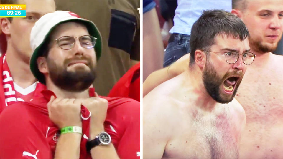 Swiss fan (pictured left) in tears after Switzerland's miss and (pictured right) celebrating after a goal.