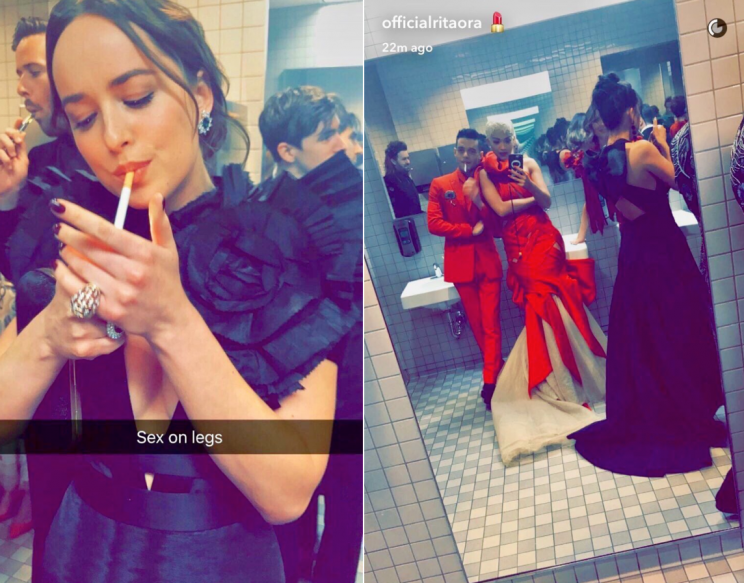 <i>Dakota Johnson also openly lit up. [Photo: Snapchat/officialritaora]</i>