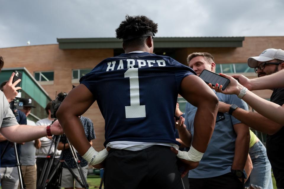 BYU Cougars football wide receiver Keanu Hill talks to journalists after practice at Brigham Young University in Provo on Tuesday, Aug. 1, 2023. | Spenser Heaps, Deseret News