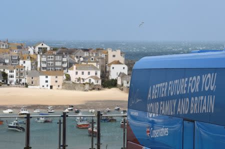 FILE PHOTO: The Conservative Party election campaign bus is seen parked during an election rally in St Ives, south west Britain May 5, 2015. Britain will go to the polls in a national election on May 7. REUTERS/Toby Melville/File Photo