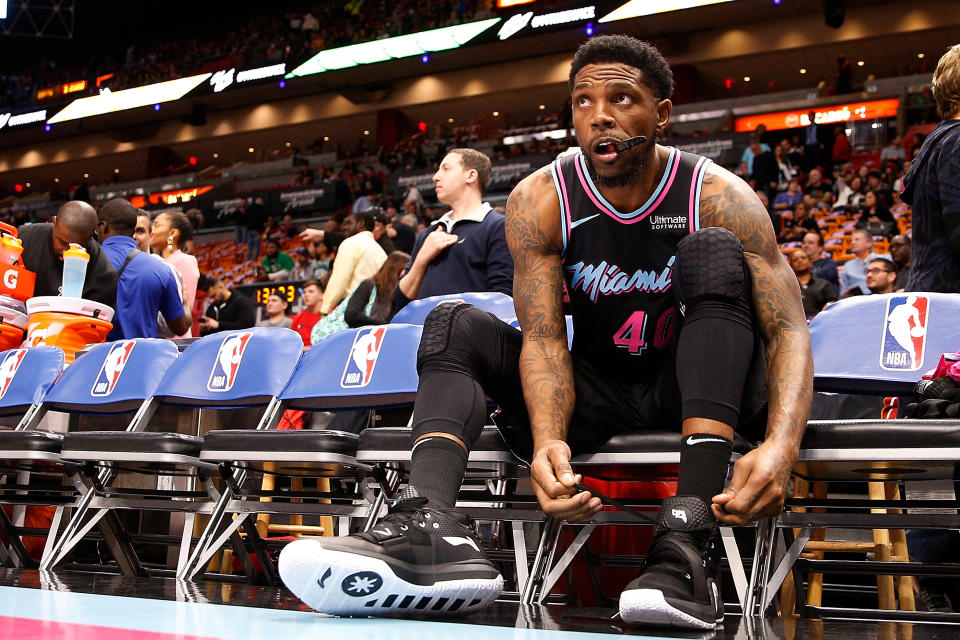 MIAMI, FL - JANUARY 10:  Udonis Haslem #40 of the Miami Heat prior to the game against the Boston Celtics during the first half at American Airlines Arena on January 10, 2019 in Miami, Florida. NOTE TO USER: User expressly acknowledges and agrees that, by downloading and or using this photograph, User is consenting to the terms and conditions of the Getty Images License Agreement.  (Photo by Michael Reaves/Getty Images)