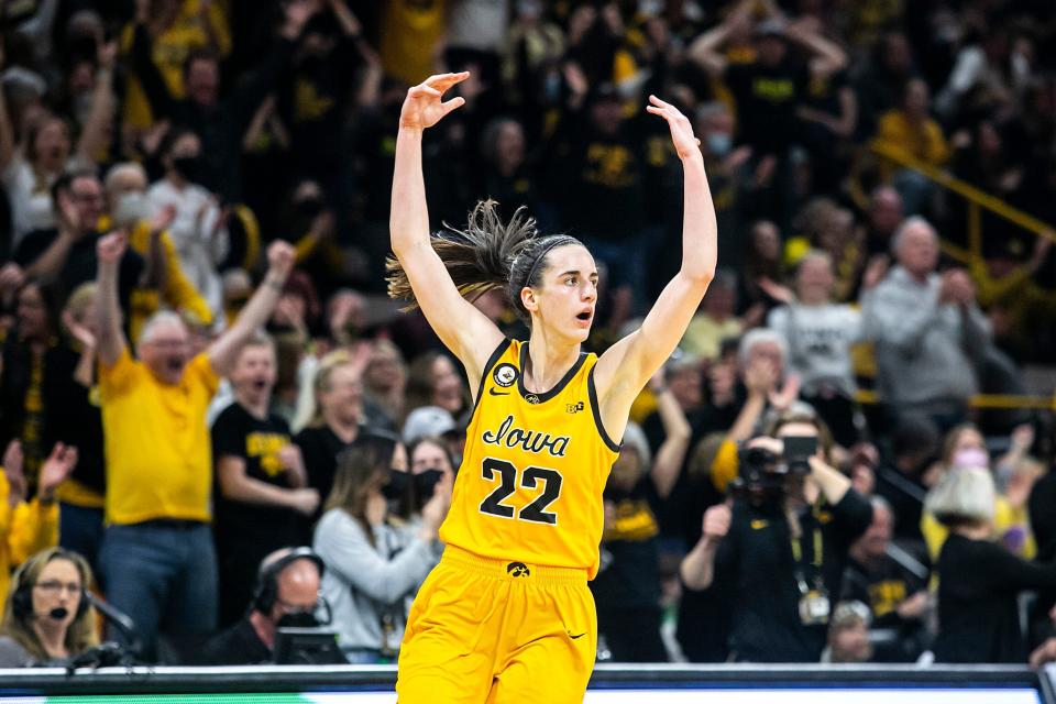 Iowa guard Caitlin Clark (22) reacts after making a 3-point basket during a NCAA Big Ten Conference women's basketball game against Michigan, Sunday, Feb. 27, 2022, at Carver-Hawkeye Arena in Iowa City, Iowa.

220227 Michigan Iowa Wbb 020 Jpg