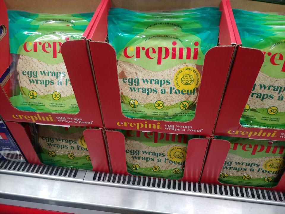 bags of crepini wraps in the fridge aisle at costco