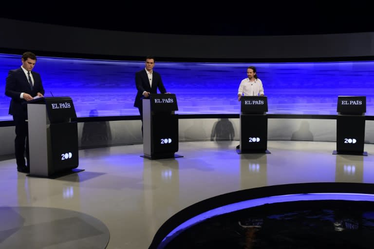 An empty lectern can be seen next to (L-R) center-right party Ciudadanos leader Albert Rivera, Spanish Socialist Party leader Pedro Sanchez and leader of the left wing party Podemos Pablo Iglesias ahead of a debate on November 30, 2015