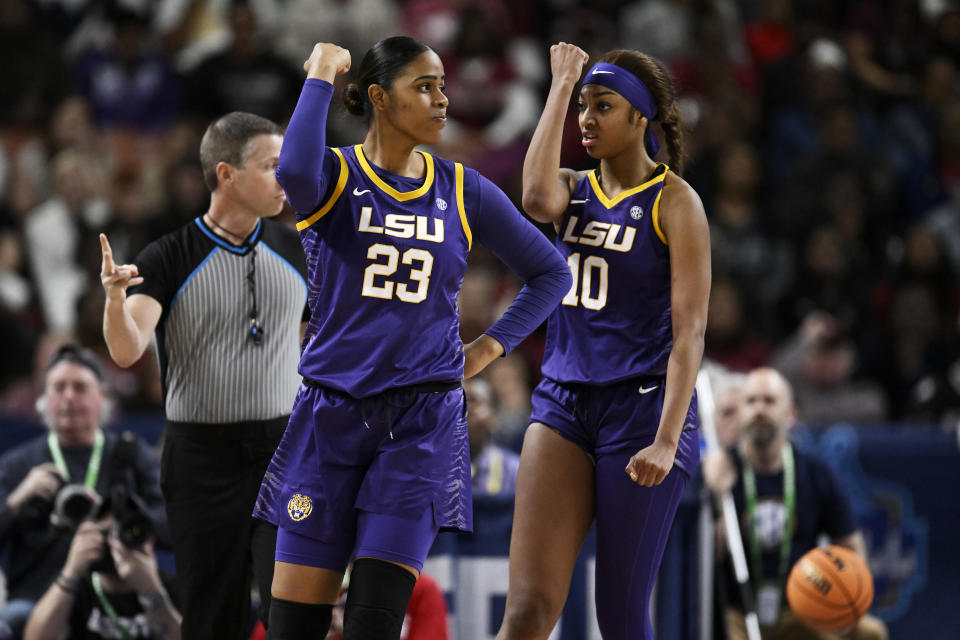 LSU's Aalyah Del Rosario and Angel Reese celebrate during a game in the SEC tournament. (Photo by Eakin Howard/Getty Images)