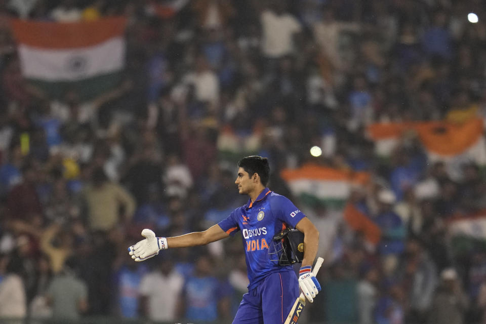 India's Shubhman Gill walks to shake hands with New Zealand players after India won the second one-day international cricket match against New Zealand in Raipur, India, Saturday, Jan. 21, 2023. (AP Photo/Aijaz Rahi)