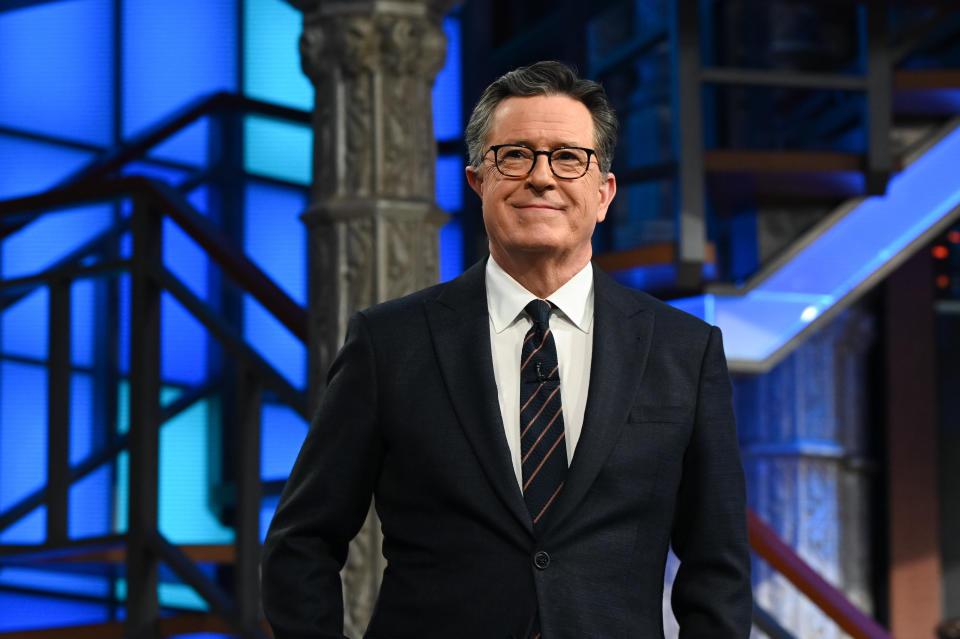 Close-up of Stephen Colbert on his show