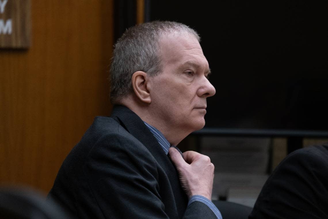 Stephen Arthur Deflaun, 63, sits in the first day of the murder trial against him in San Luis Obispo Superior Court on March 27, 2023. He is accused of killing a man and child at Morro Strand State Beach on July 8, 2001.