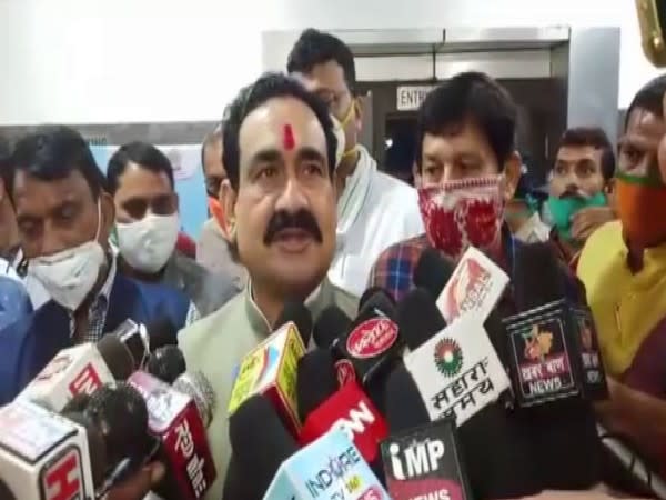 Madhya Pradesh Home Minister Narottam Mishra speaking to the media. 