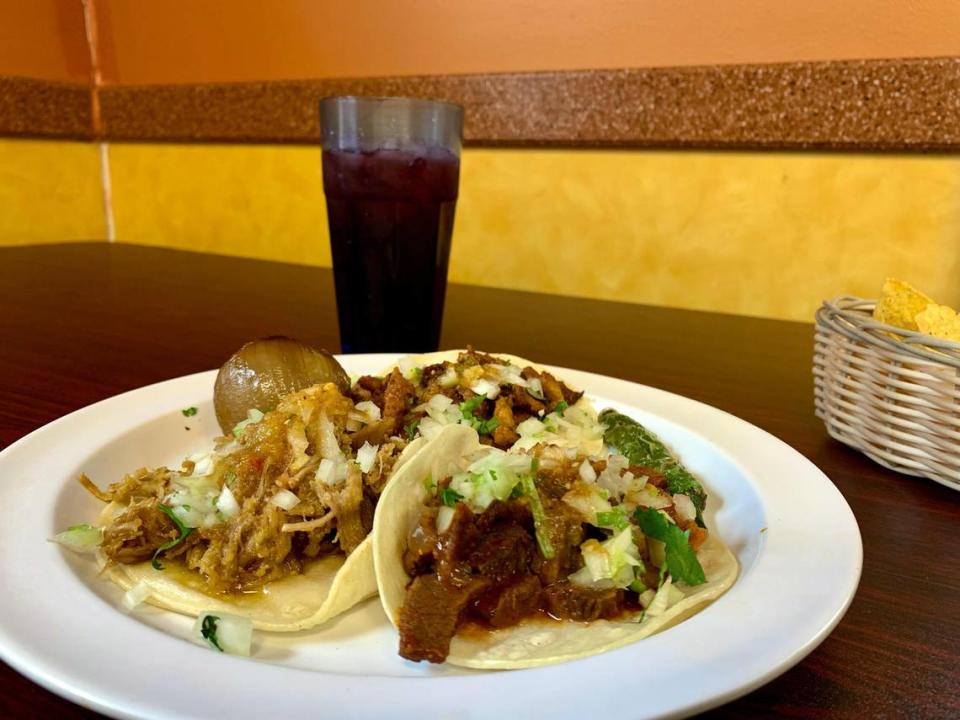 Lengua, carnitas and adobada tacos at Taqueria El Sabor in Tacoma’s West End with a glass of jamaica agua fresca.