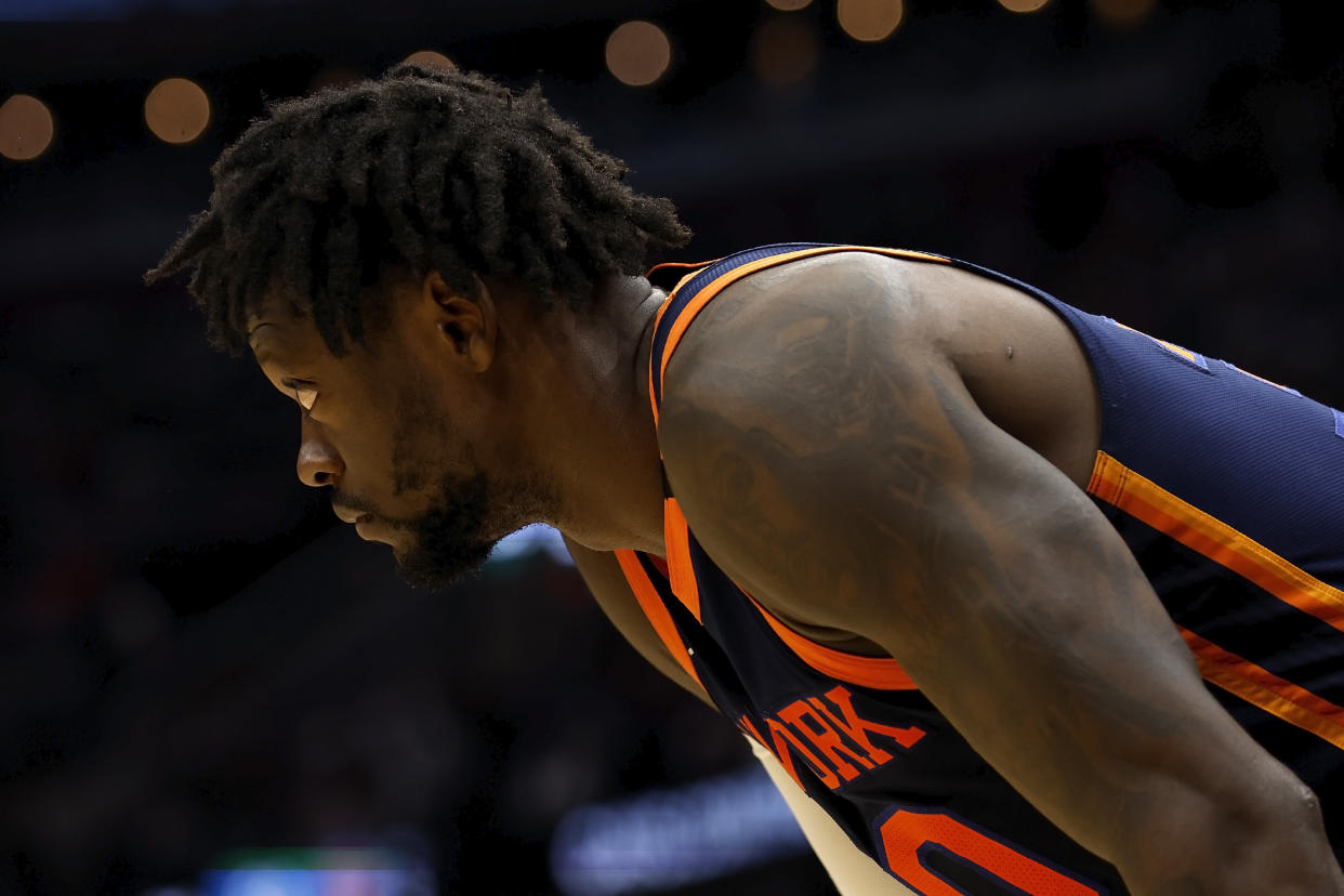 CLEVELAND, OH - APRIL 26:  Julius Randle #30 of the New York Knicks stands on the court during Game Five of the Eastern Conference First Round Playoffs against the Cleveland Cavaliers at Rocket Mortgage Fieldhouse on April 26, 2023 in Cleveland, Ohio. NOTE TO USER: User expressly acknowledges and agrees that, by downloading and or using this photograph, User is consenting to the terms and conditions of the Getty Images License Agreement. (Photo by Kirk Irwin/Getty Images)