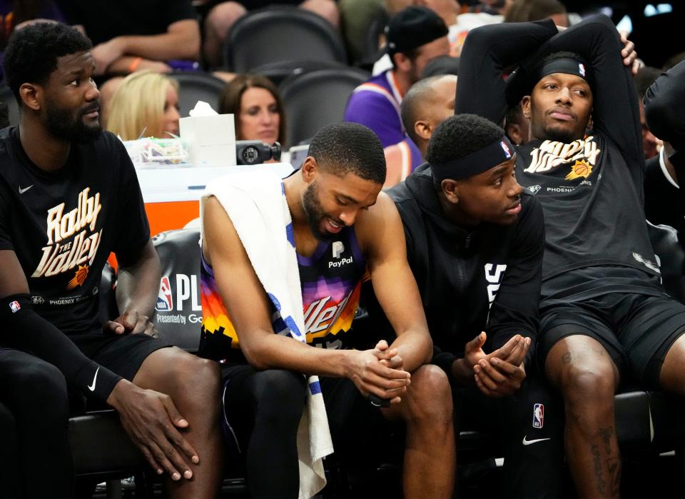 May 15, 2022; Phoenix, Arizona, USA; Phoenix Suns forward Mikal Bridges (25) reacts during their loss to the Dallas Mavericks during game seven of the second round for the 2022 NBA playoffs at Footprint Center. Mandatory Credit: Rob Schumacher-Arizona Republic