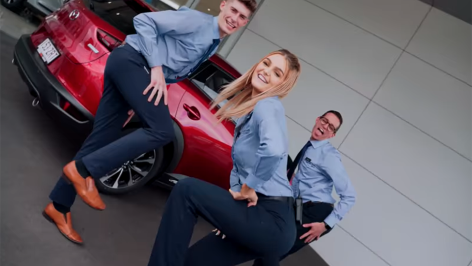 Grand Prix Mazda Aspley's TikTok Savage advertisement mocked online three workers perform dance