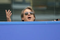 Chelsea new owner Todd Boehly gestures during the English Premier League soccer match between Chelsea and Wolverhampton at Stamford Bridge stadium, in London, Saturday, May 7, 2022. (AP Photo/Frank Augstein)