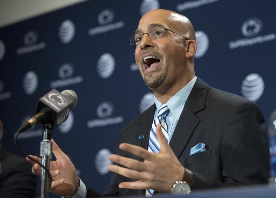 James Franklin answers questions from reporters after he was introduced as Penn State's new football coach during a news conference on Saturday Jan. 11, 2014, in State College, Pa. (AP Photo/John Beale)