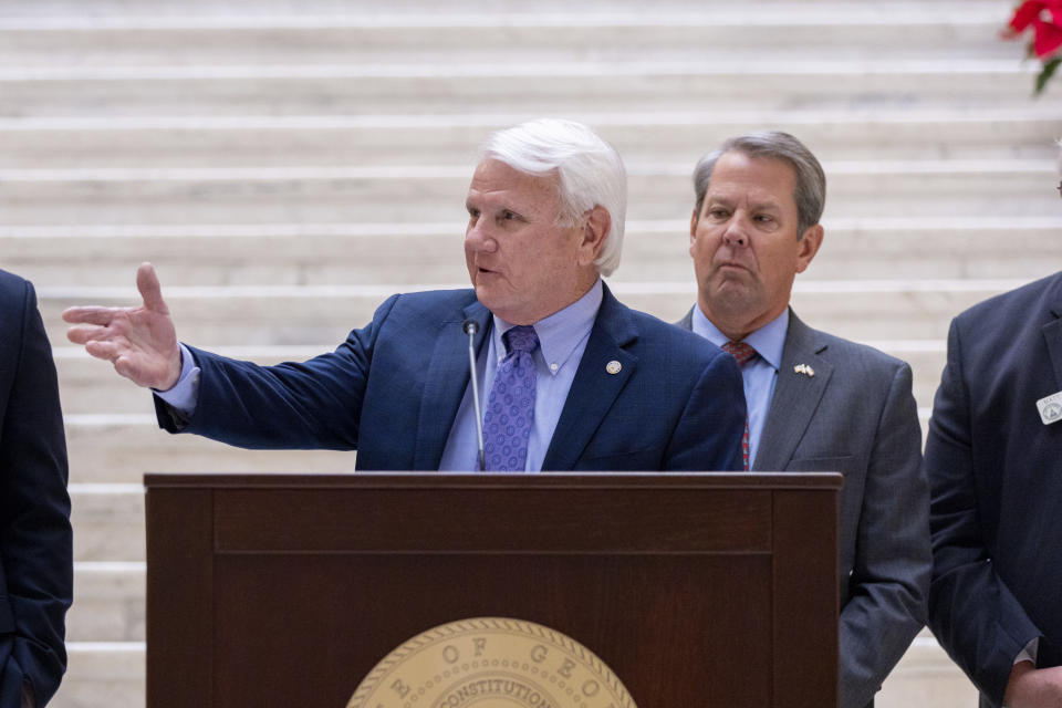 FILE - Georgia House Speaker Jon Burns, R-Newington, speaks at a press conference at the Capitol in Atlanta on Dec. 18, 2023. Georgia lawmakers are beginning their 2024 session on Monday, Jan. 8, 2024. (Arvin Temkar/Atlanta Journal-Constitution via AP, File)