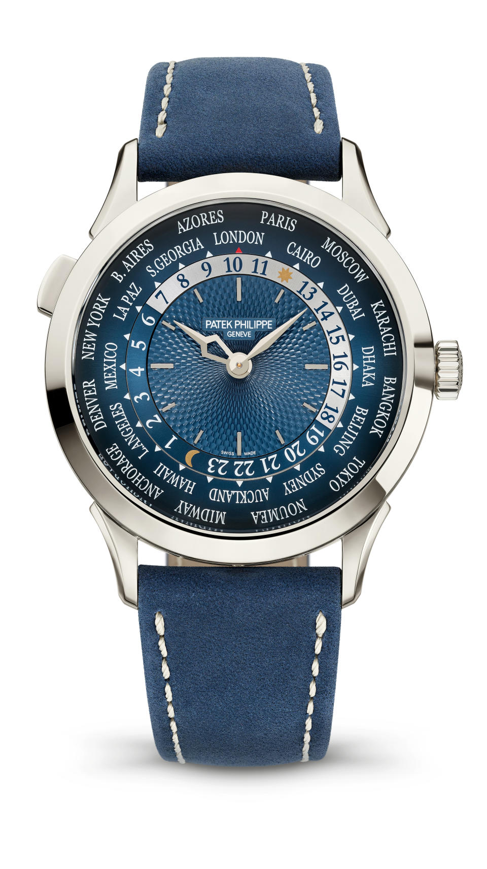 Patek Philippe’s 5230P self-winding mechanical movement, platinum case, and hand-stitched calfskin navy blue strap, ,970.